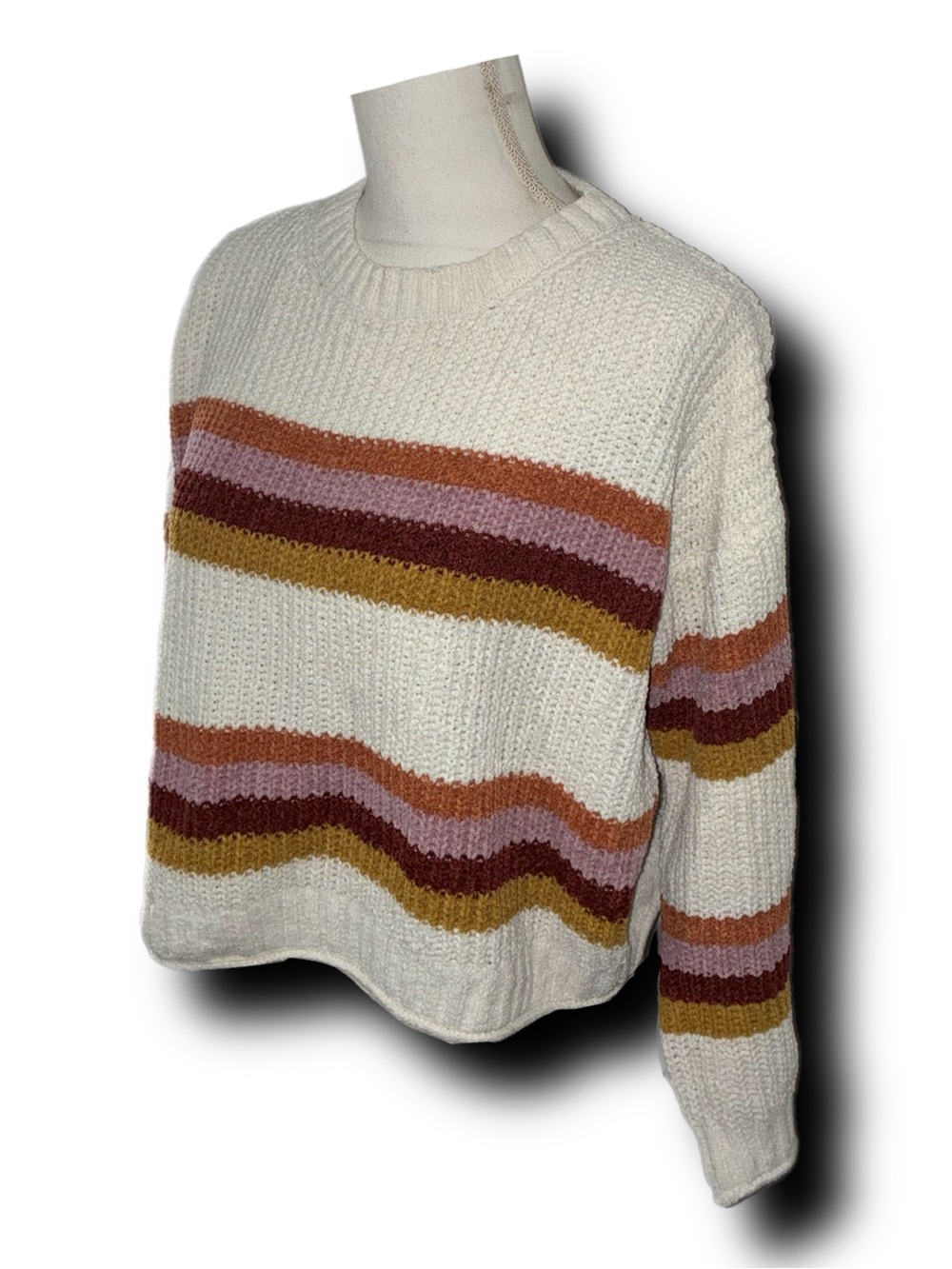 Cozy Chenille Cream Striped Knit Cropped Comfy Fall Vibes Sweater